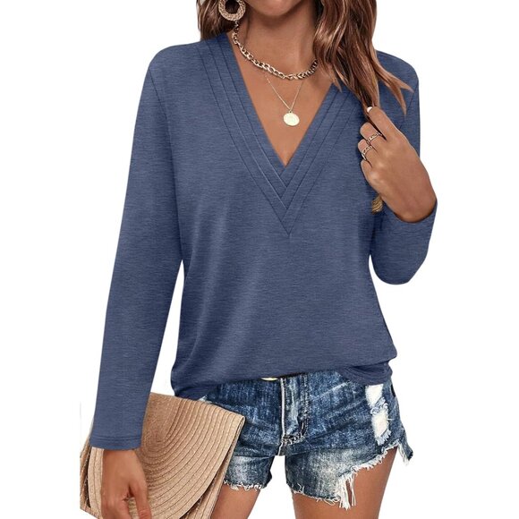 Tops - Women's Navy Deep V Neck Long Sleeve Pleated Top - Casual Elegance Unveiled